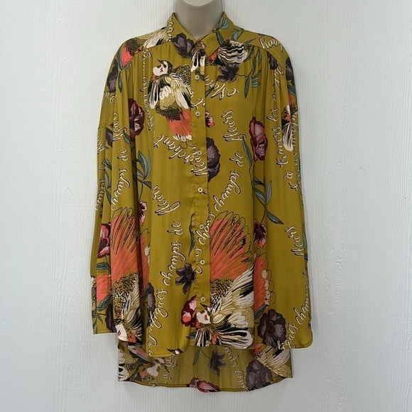 Free People - Silky Nights Floral And Birds Button Down Oversized Blouse Small - Picture 2 of 11